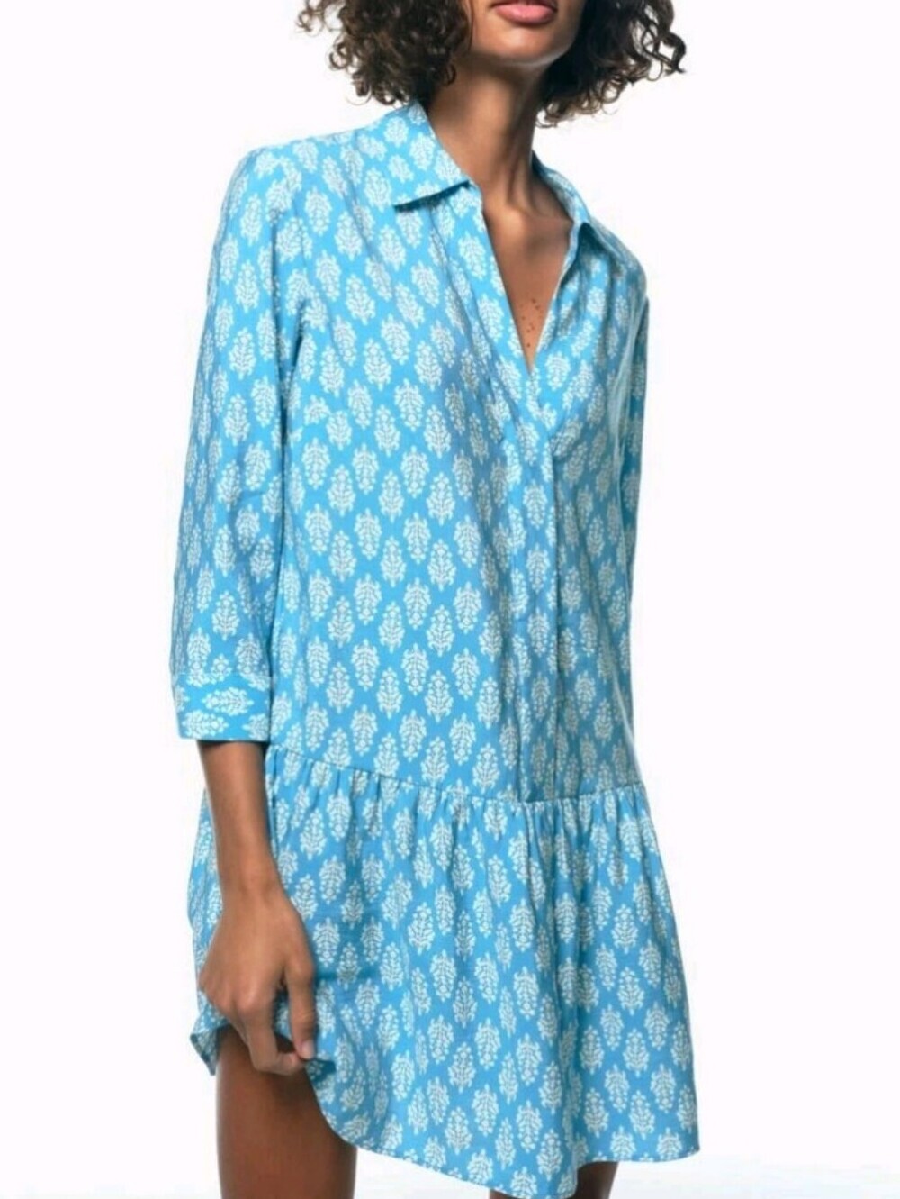 Zara Light Blue and White Floral Mini Shirt Dress